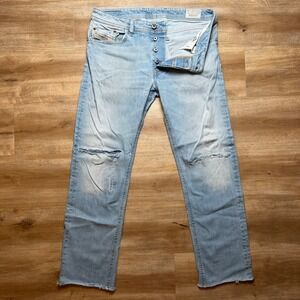 Diesel Waykee Jeans Mens 33x29 Light Blue‎ Distressed Straight Leg 0810M Stretch